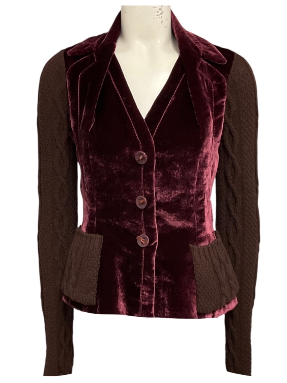 Christian Dior Boutique Vintage Burgundy Velvet Blazer with Brown Wool Knit Tri